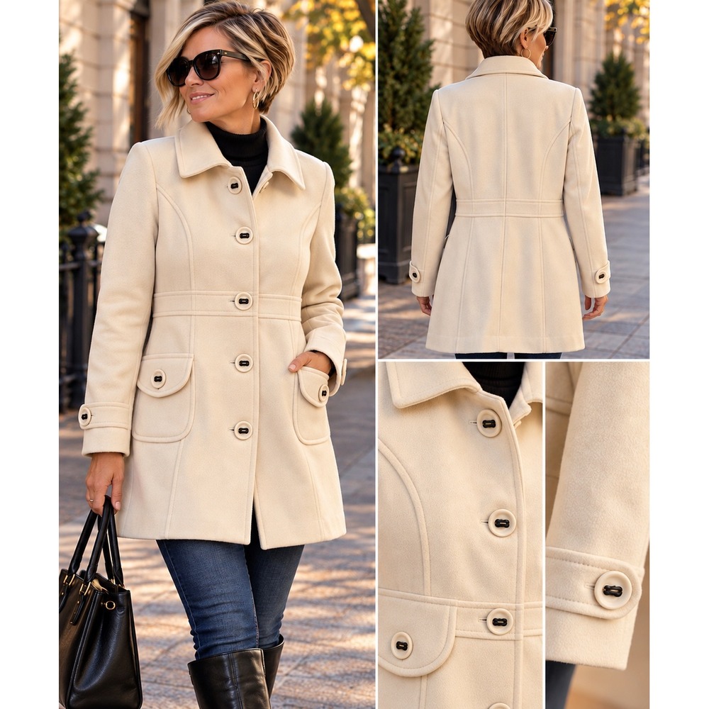 Vintage Tulle Wool Blend Coat Women XL Ivory Cream Tailored Y2K Quiet Luxury
